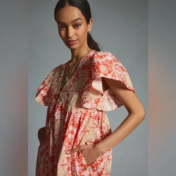 Anthropologie Maeve Printed Flutter Sleeve Babydoll Dress in Pink Pattern Size S - Picture 3 of 9